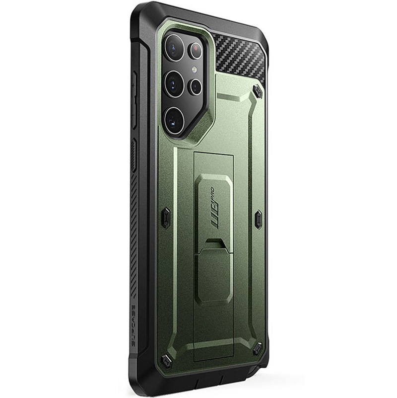 Etui pancerne z osłoną na ekran, z wbudowaną podstawką i kaburą z klipsem obrotowym Supcase Unicorn Beetle Pro do Galaxy S24 Ultra, zielone